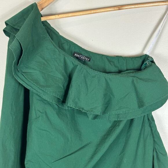 J. Crew Green Cotton Blend One Shoulder Long Sleeve Poplin Ruffle Dress - Picture 3 of 6